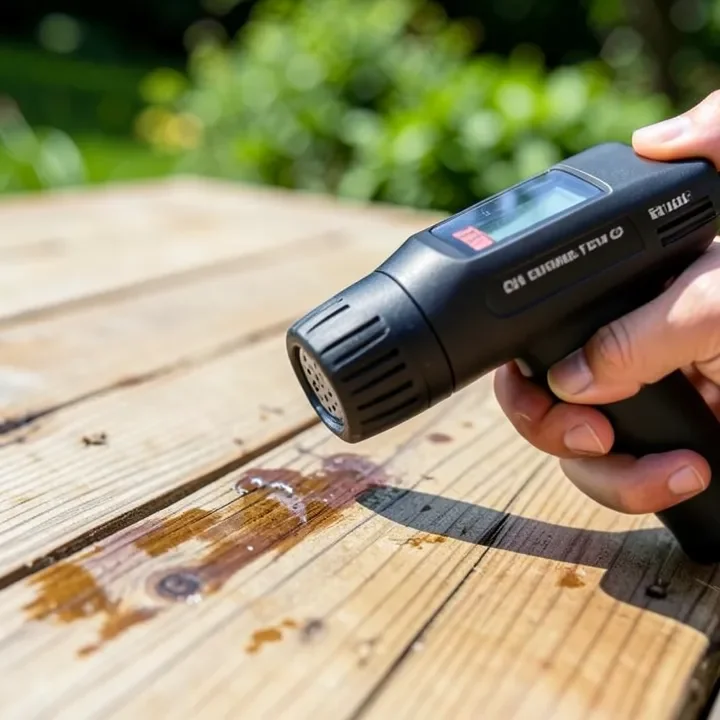 infrared thermometer checking wood deck surface temperature before staining