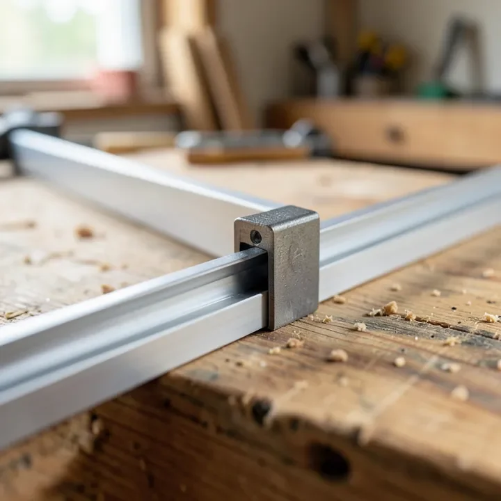 Track saw clamped onto an aluminum guide rail showing the base-to-rail fit