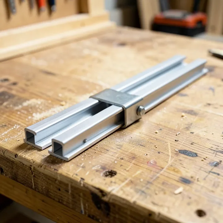 Two guide rails joined end to end with a rail connector for a longer track saw cut