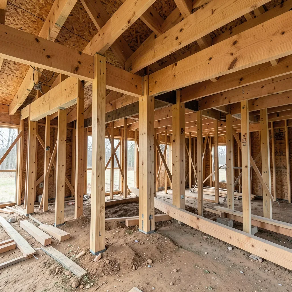 Structural pine lumber framing in a house under construction