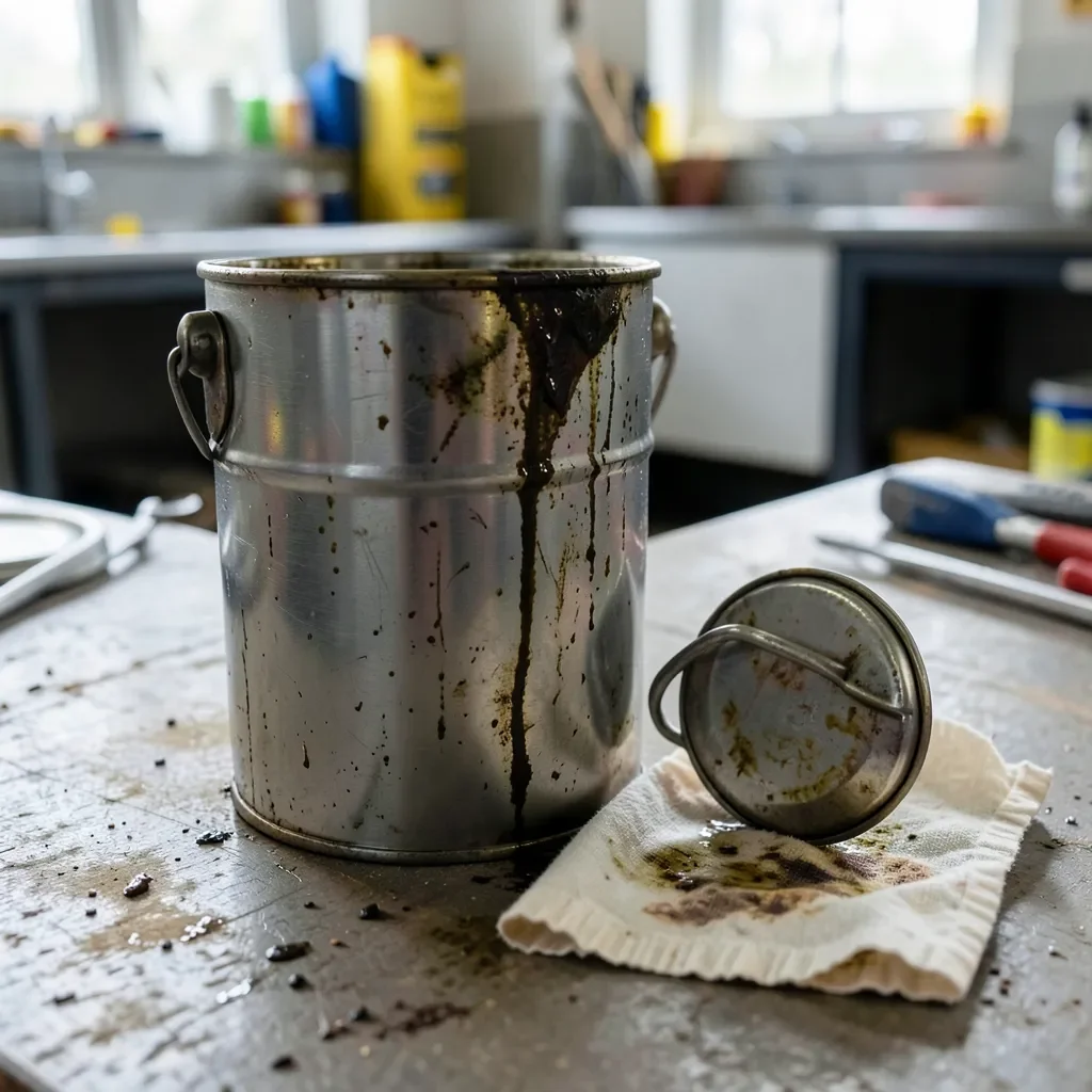 red metal oily waste safety can with self-closing lid in a home workshop