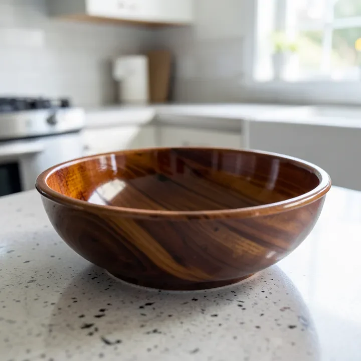 A finished wood salad bowl with a glossy shellac coating