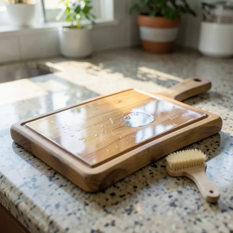 A wood cutting board drying after a clear food-safe finish coat
