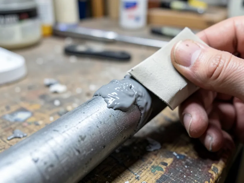 Sanding a fully cured JB Weld epoxy repair smooth with sandpaper