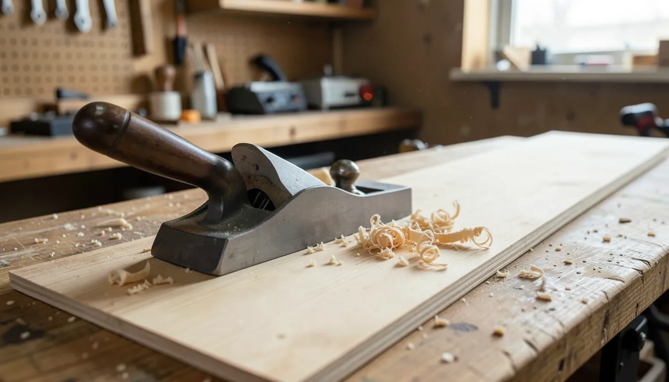 Long metal jointer hand plane on a workbench next to a board with wood shavings