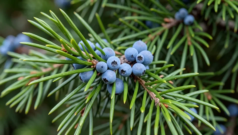 Blue-gray juniper berries growing on an Eastern red cedar branch