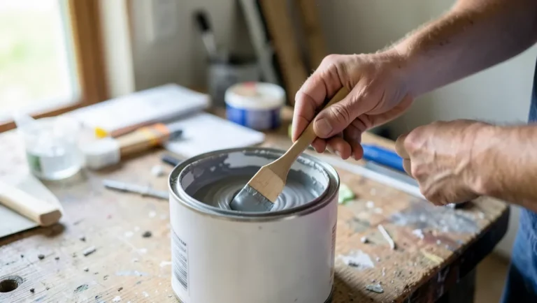 contractor stirring gray colorant into a can of white primer on a workbench