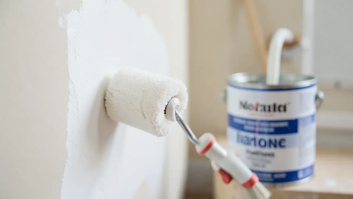 Applying primer with a roller before painting over a stained wall