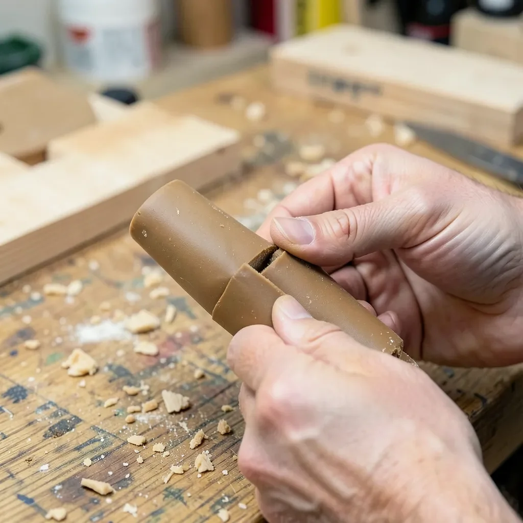 Hands kneading a two-part tan epoxy putty stick together on a workbench
