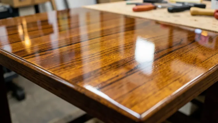 Close-up of a wood tabletop with a glossy, fully cured clear lacquer finish