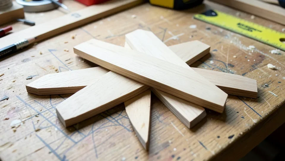 Five wood strips overlapped in a pinwheel star pattern on a workbench
