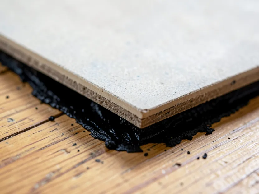 Lifted corner of an old vinyl floor tile showing black mastic adhesive underneath on a wood subfloor Lifted corner of an old vinyl floor tile showing black mastic adhesive underneath on a wood subfloor
