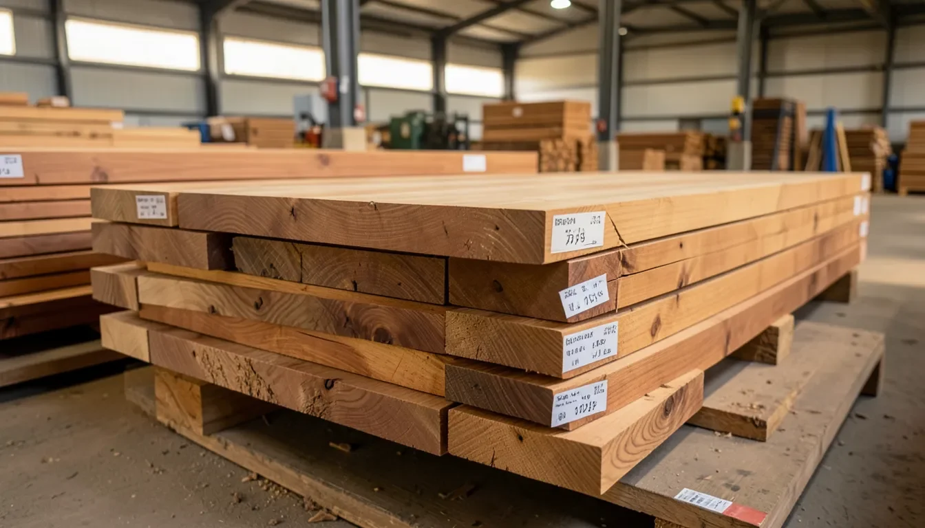 Stacked mahogany lumber boards at a specialty hardwood supplier
