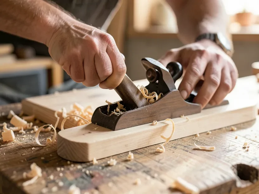 Woodworker using a manual hand plane, producing long curled wood shavings
