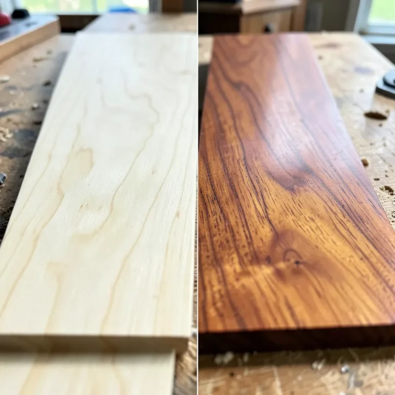 Maple wood board next to a cherry wood board showing the color and grain difference