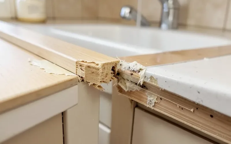 Swollen and delaminating MDF cabinet edge from water exposure near a kitchen sink