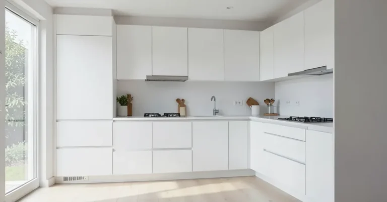 Modern kitchen with smooth white painted MDF cabinet doors