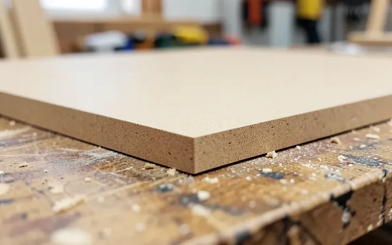 Close-up edge of a medium-density fiberboard MDF panel showing dense fiber core