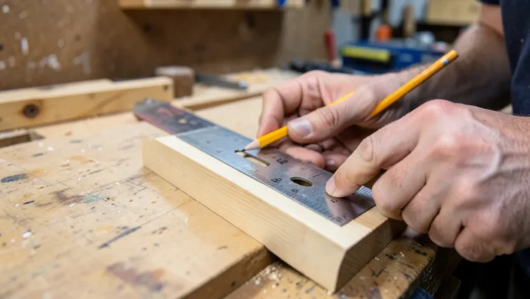Marking a 45 degree miter cut angle on a wood board with a speed square and pencil