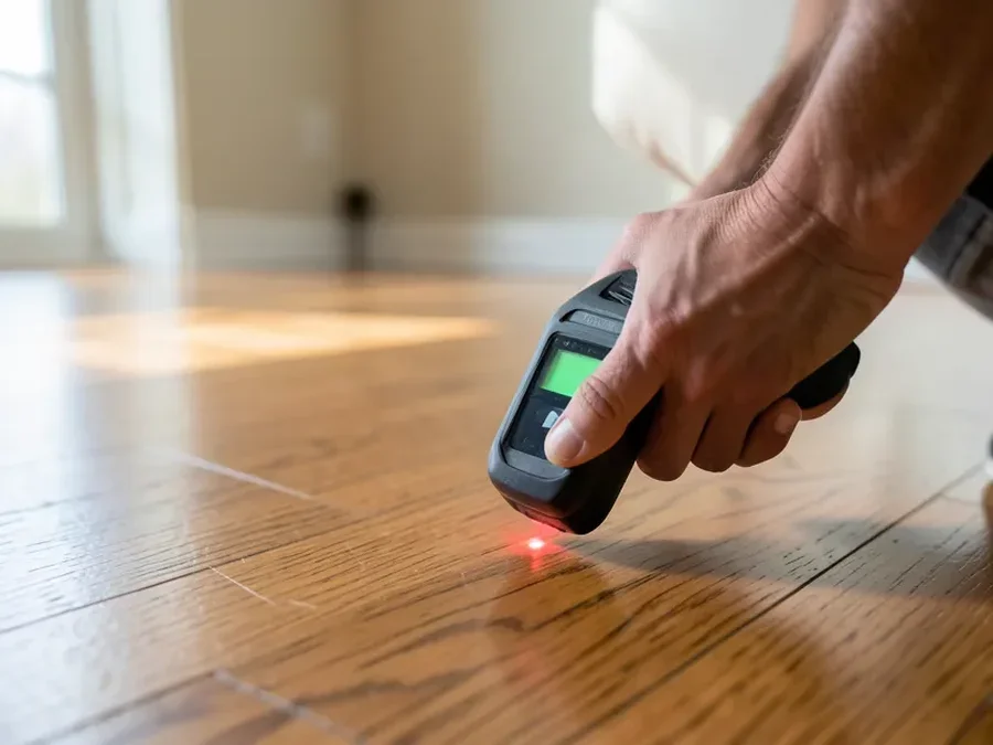 Using a laser distance measure to calculate room square footage before buying hardwood flooring