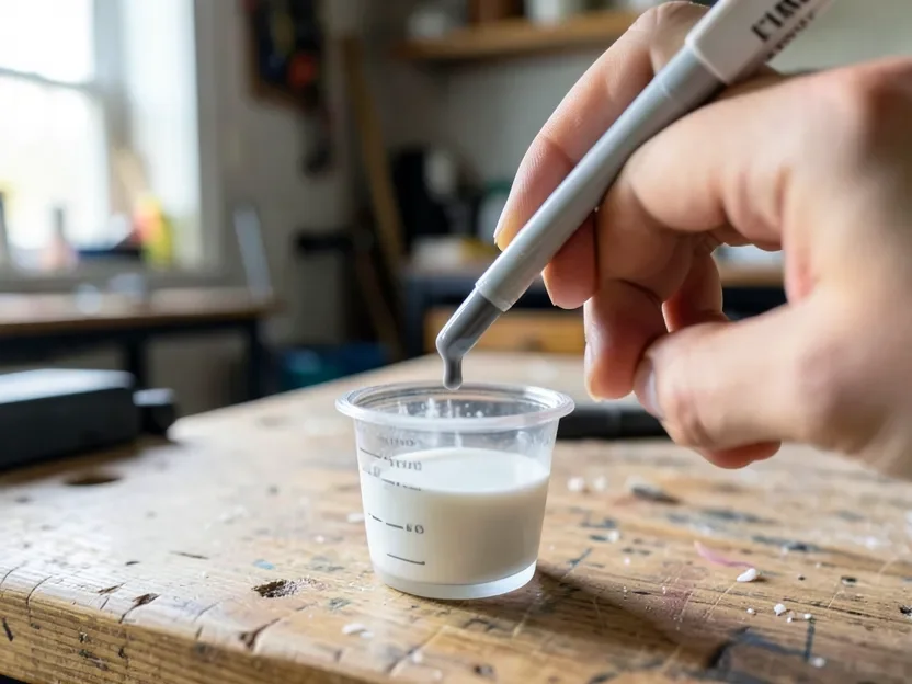 eyedropper adding gray universal colorant to a small cup of white primer