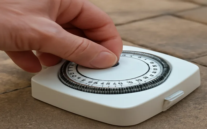 Hand pushing pins down on a mechanical outdoor timer's 24-hour dial