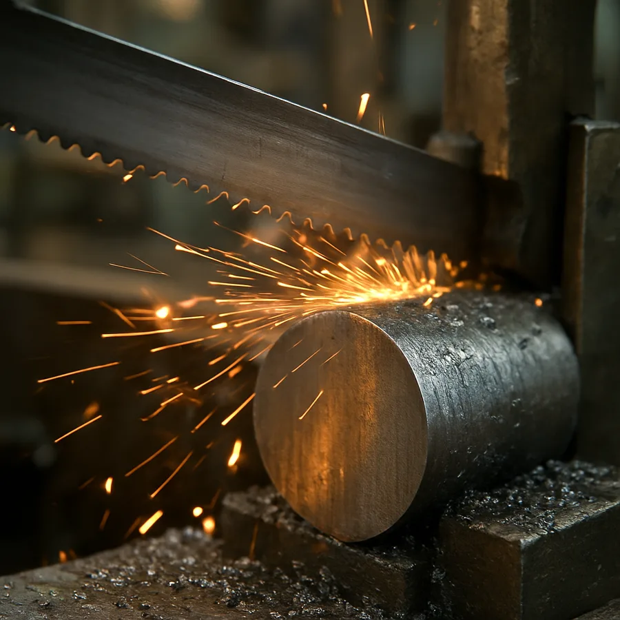 Metal bandsaw blade cutting round steel stock Metal bandsaw blade cutting round steel stock