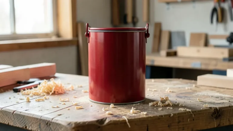 Red metal self-closing safety can for oily rag disposal on a woodworking workbench