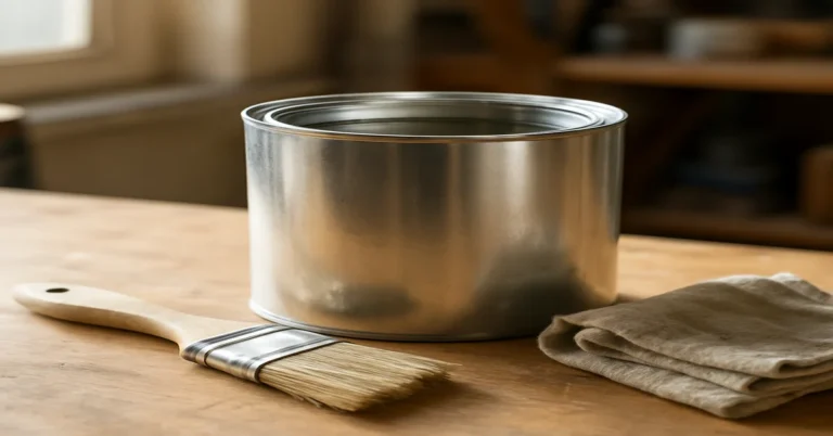 Open metal can of mineral spirits with a paintbrush and cloth rag on a wood workbench