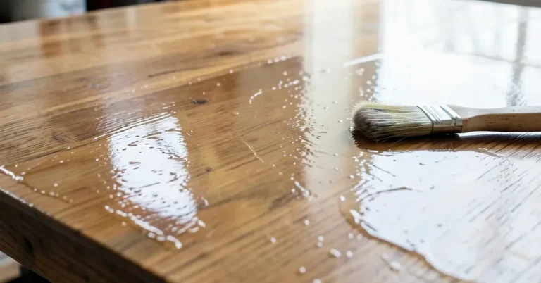 Wet glossy polyurethane finish drying on a wood tabletop with a brush