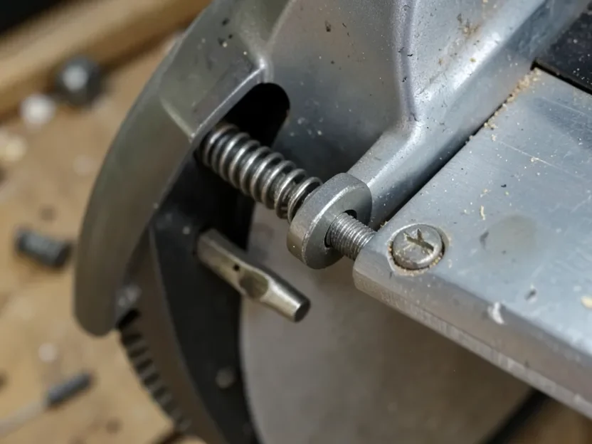 Close-up of a spring-loaded transport lock pin and knob mechanism near a miter saw hinge