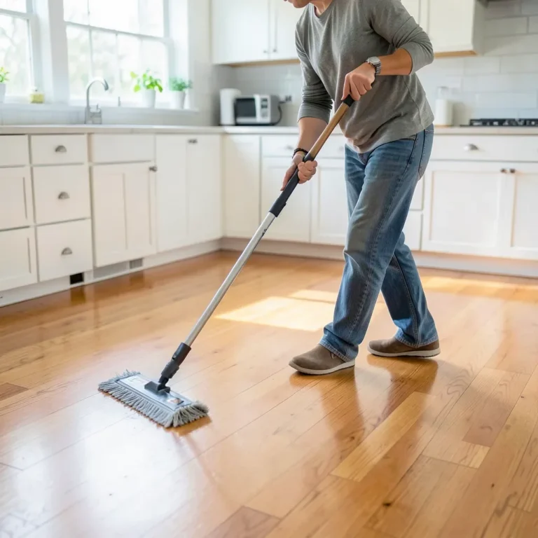 Mopping a hardwood floor in a bright kitchen