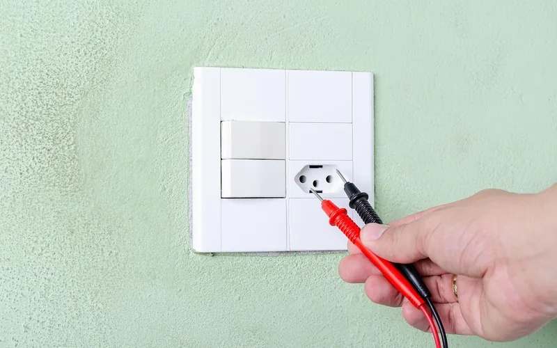 multimeter probes testing resistance at a grounded outlet, the same check used on a dust collector ground path