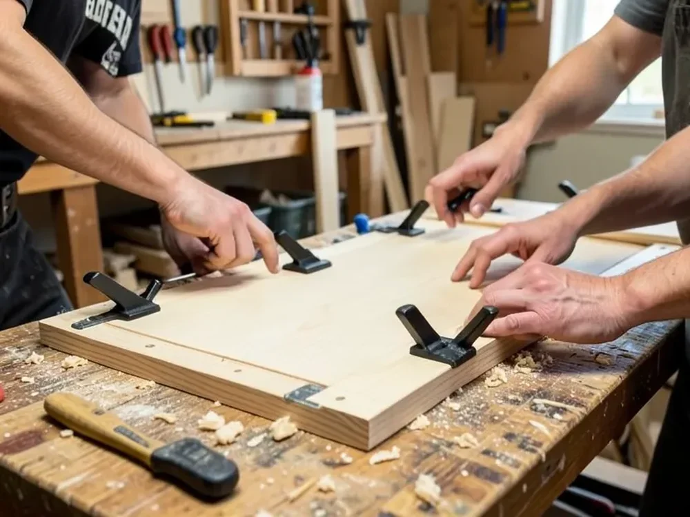 Multiple bar clamps applying even pressure across a wood panel glue-up