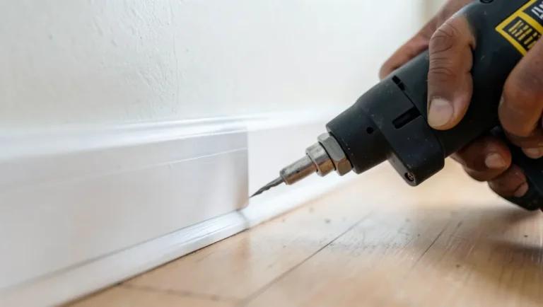 A finish nailer driving a nail into baseboard trim at an angle
