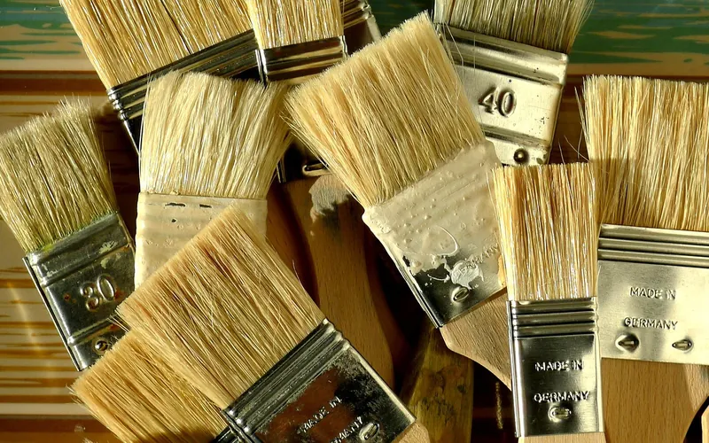 Assorted natural bristle brushes in different widths laid out together Assorted natural bristle brushes in different widths laid out together