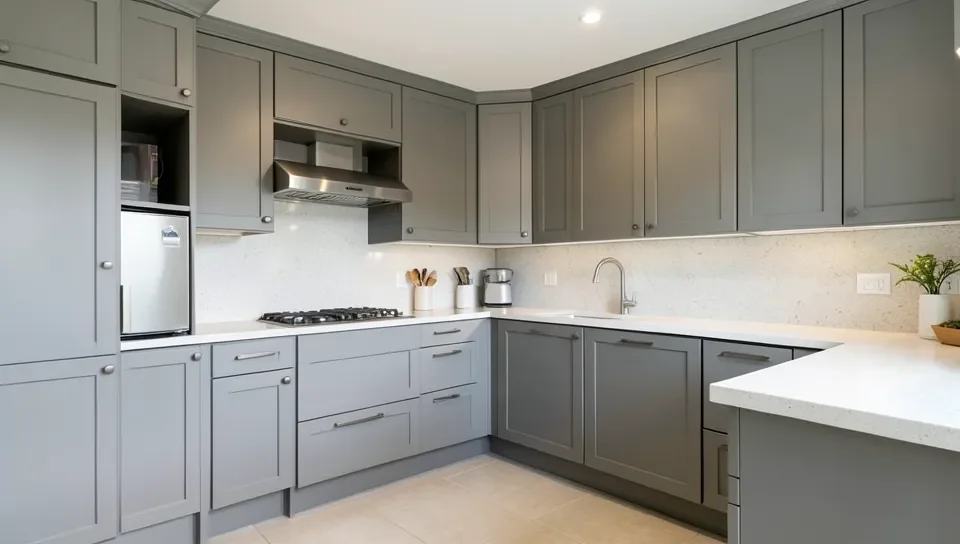 A kitchen with neutral gray cabinets and light countertops