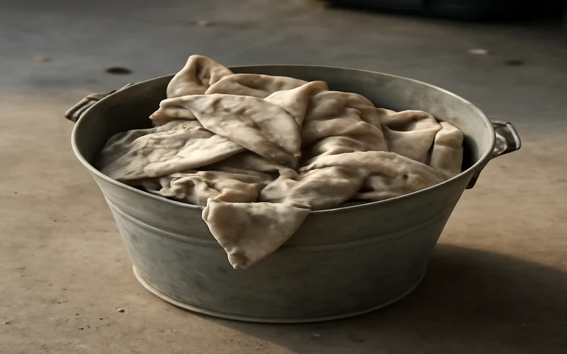 Used cloth rags piled inside a metal bucket in a garage workshop