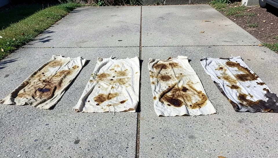Oil-stained shop rags laid flat and spread apart outdoors to dry safely, preventing spontaneous combustion