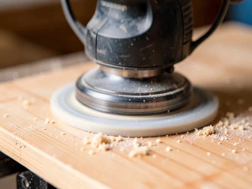 A random orbital sander pad in motion on a wood board, showing the blurred circular sanding pattern