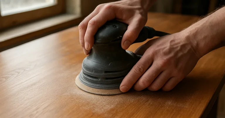 hands using a random orbital sander to lightly scuff-sand a satin polyurethane tabletop between coats