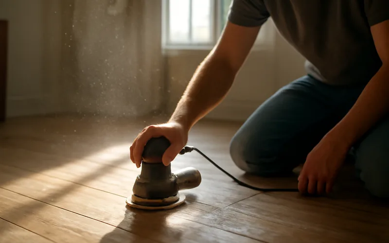 kneeling and using a random orbital sander to scuff-sand a wood floor between coats of finish
