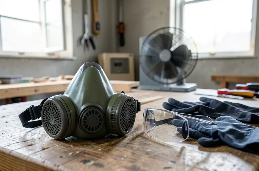 Organic vapor cartridge respirator, safety glasses, and gloves on a workbench next to a fan for cross-ventilation