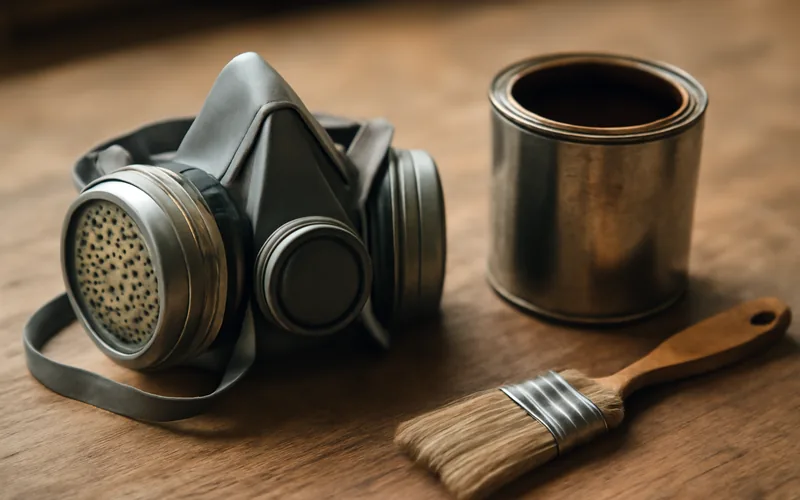 half-face respirator mask with organic vapor cartridges beside an open can of wood stain half-face respirator mask with organic vapor cartridges beside an open can of wood stain