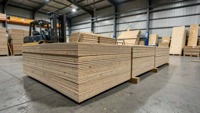 A large stack of OSB oriented strand board sheets in a lumber yard warehouse