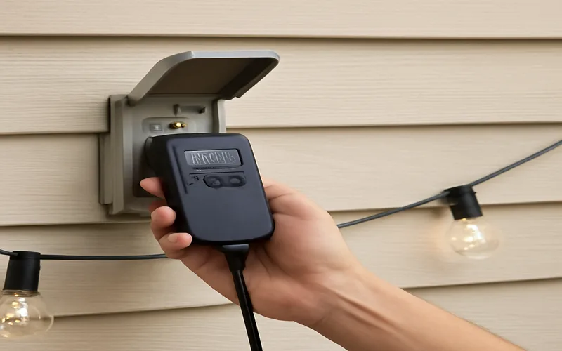 Digital outdoor timer plugged into an exterior outlet with patio string lights attached