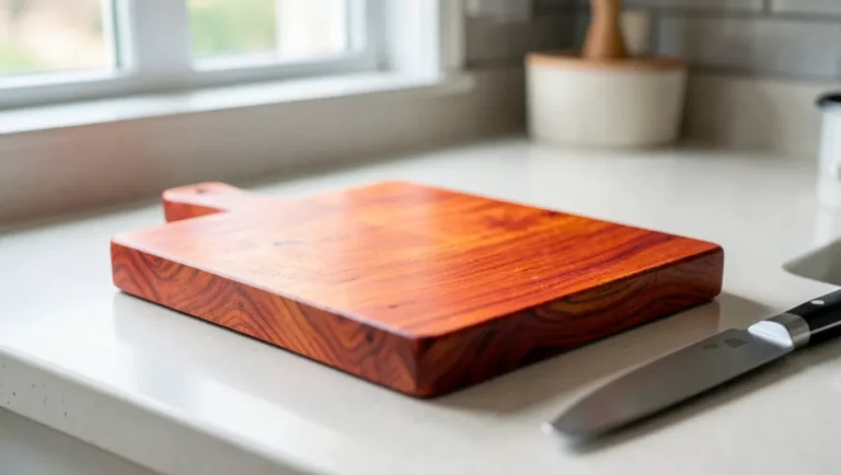 Padauk wood cutting board with vibrant orange-red grain on a kitchen counter