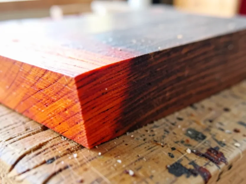 Close-up of padauk wood showing bright orange-red freshly cut color next to darker aged patina