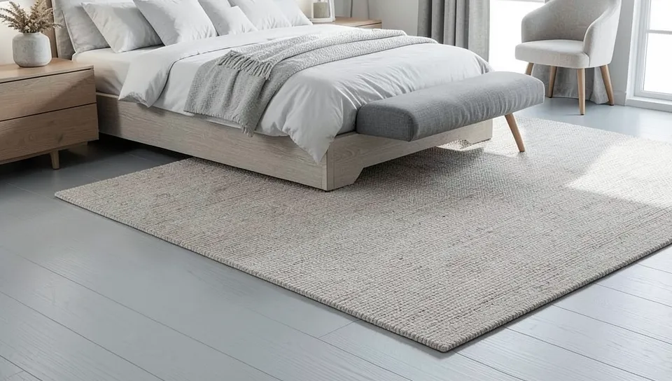 A painted plywood floor in light gray, finished with a protective clear topcoat