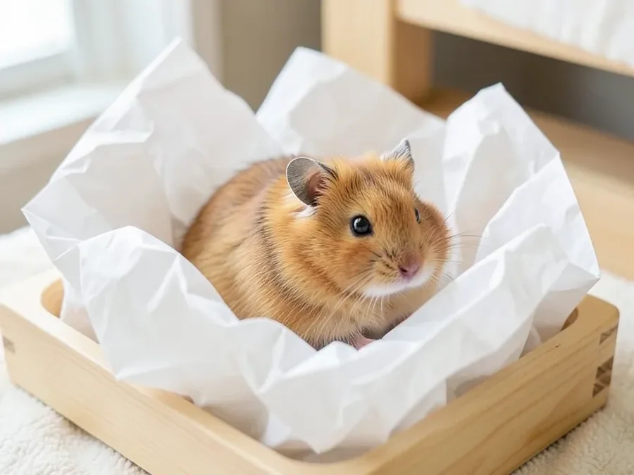 Hamster resting in soft white paper pet bedding